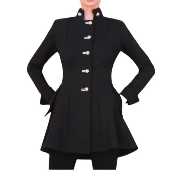 Joseph Ribkoff Black Military Style Coat Gold Button Mid Length Fitted Size 6 - Picture 1 of 11